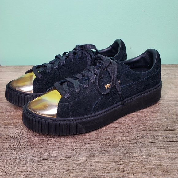 Puma Gold Toe Black Suede Platform Sneakers - Picture 6 of 9